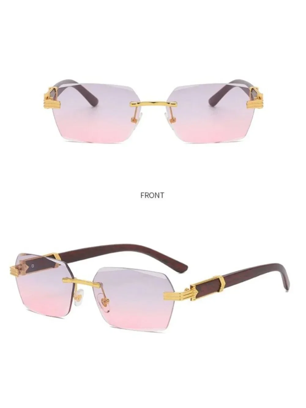 Retro Unisex Rimless Grey & Pink Gradient Sunglasses W/ Gold-Tone & Wooden Arms